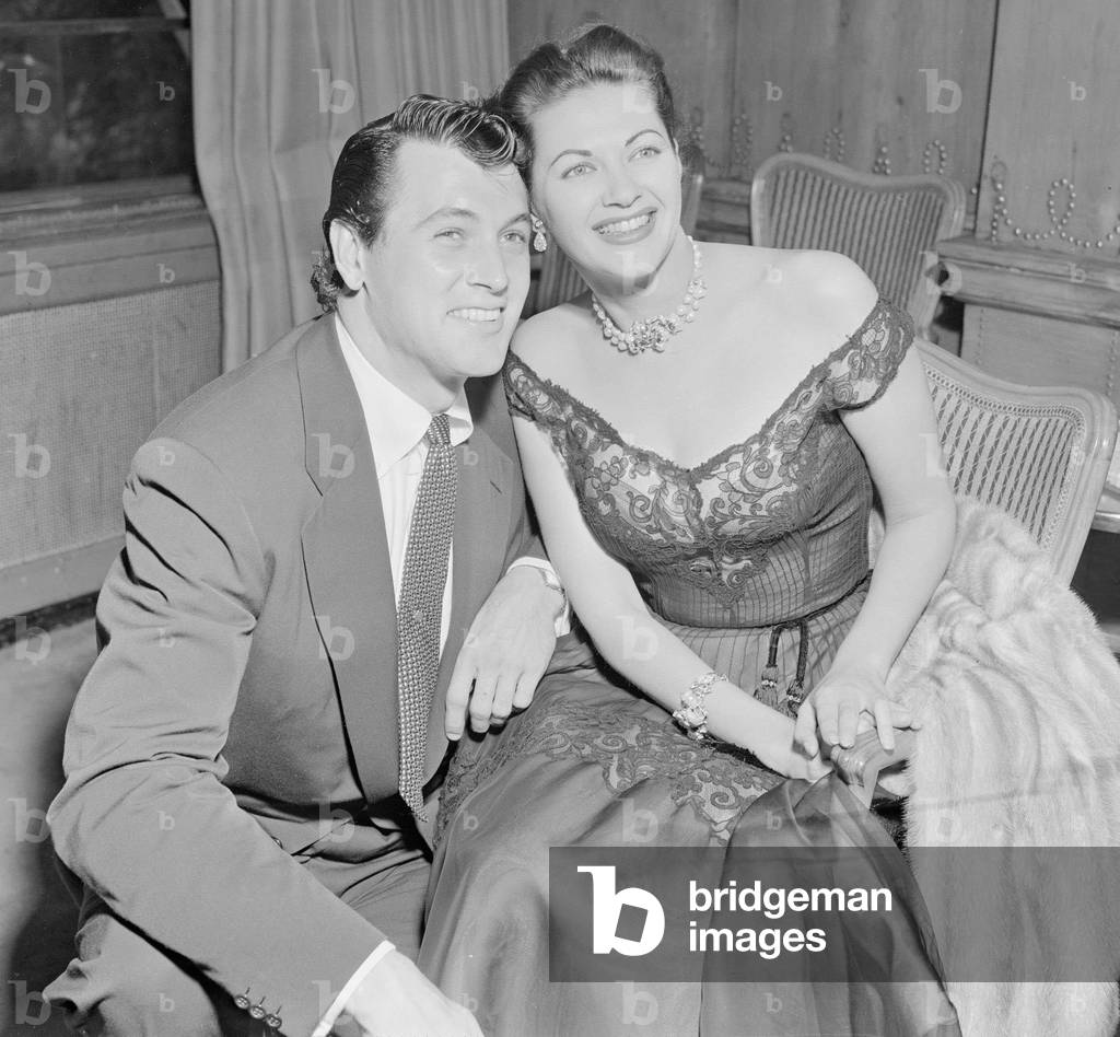 Rock Hudson with actress Yvonne De Carloin in London August 1952 (b/w photo)