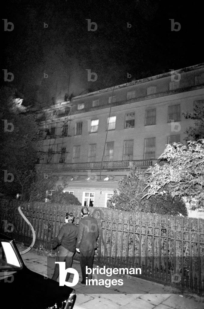 York Terrace, Regents Park, gutted by fire
Fireman tackle the blaze which swept through part of York Terrace, Regents park, last night. November 1969