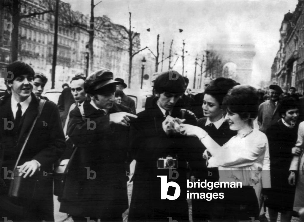 3 Beatles - John Lennon, Paul McCartney and George Harrison in Paris, France 14th January 1964 (b/w photo)