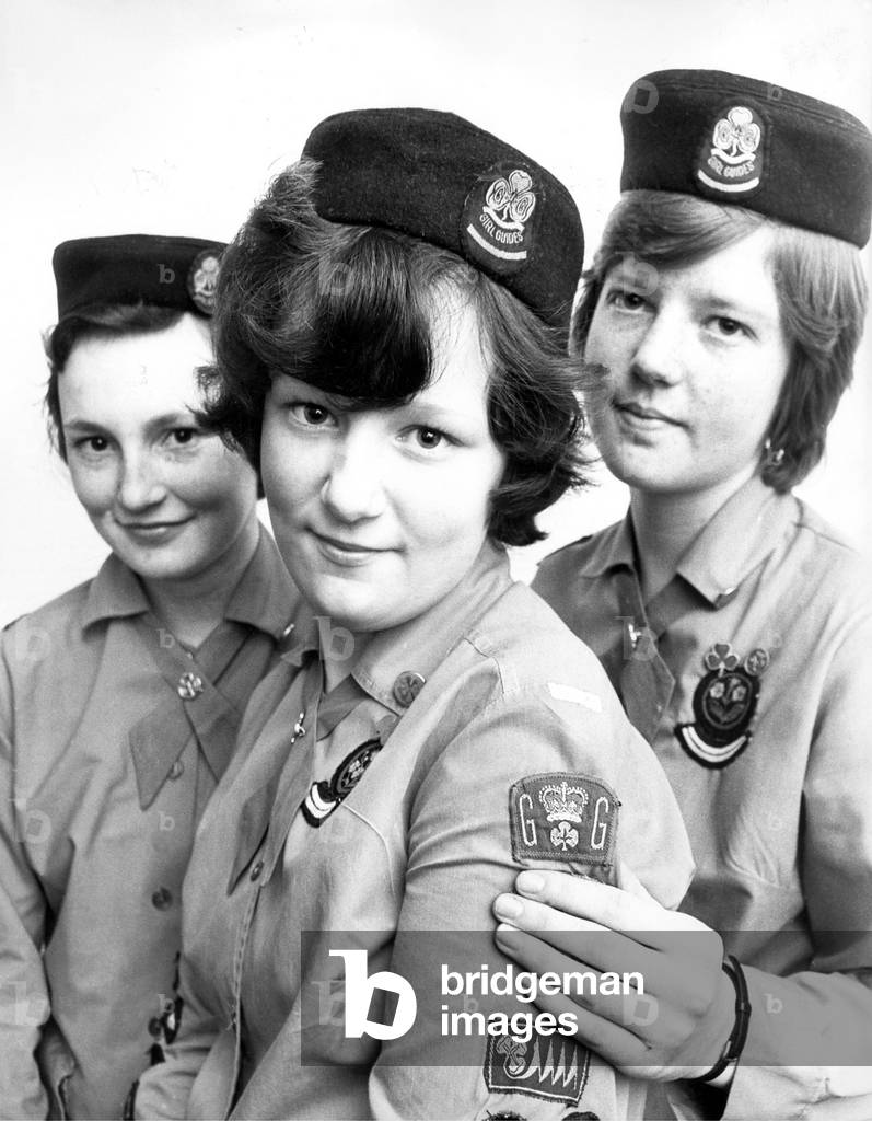 A three year effort has finally paid off for Girl Guides Susan Cole (left), Anne Hyde (centre) and Jill Henderson. The three members of the 5th Blyth Company have won the prized Queen's Guide Award in February 1978 (b/w photo)