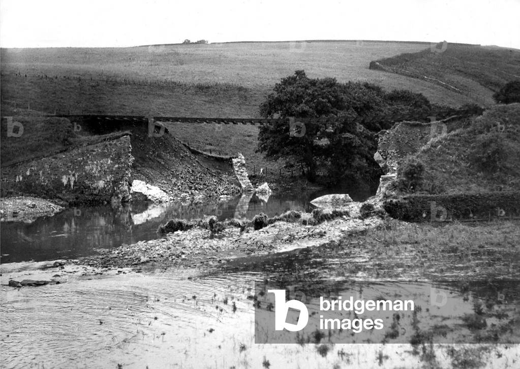 The floods washed away the bridge leaving the railway track suspended in mid-aire at Grantshouse, 12 miles north of Berwick in 1948