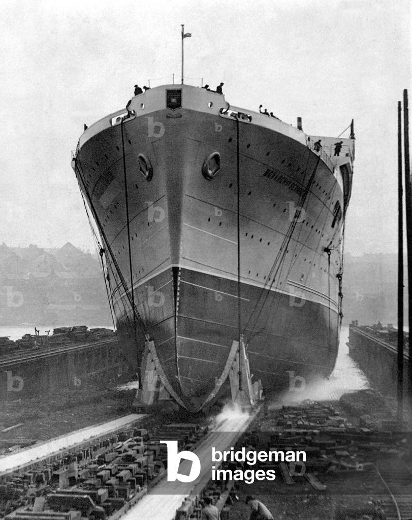 The Ship Monarch of Bermuda now named Arkadia at a shipyard on the River Tyne, 1930 (b/w photo)