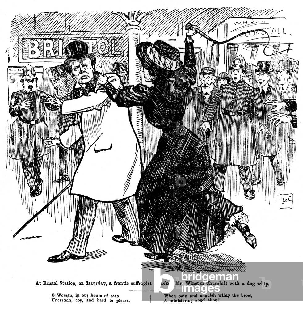 Militant suffragette attacking Winston Churchill with a dog whip, drawing, 1910