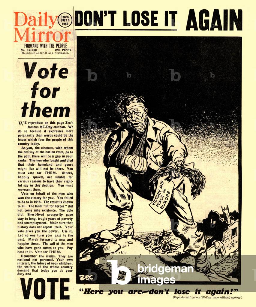 Daily Mirror Front Page, Published 5th July 1945. Featuring Donald Zec Cartoon, DON'T LOSE IT AGAIN. Victory and Peace in Europe. 