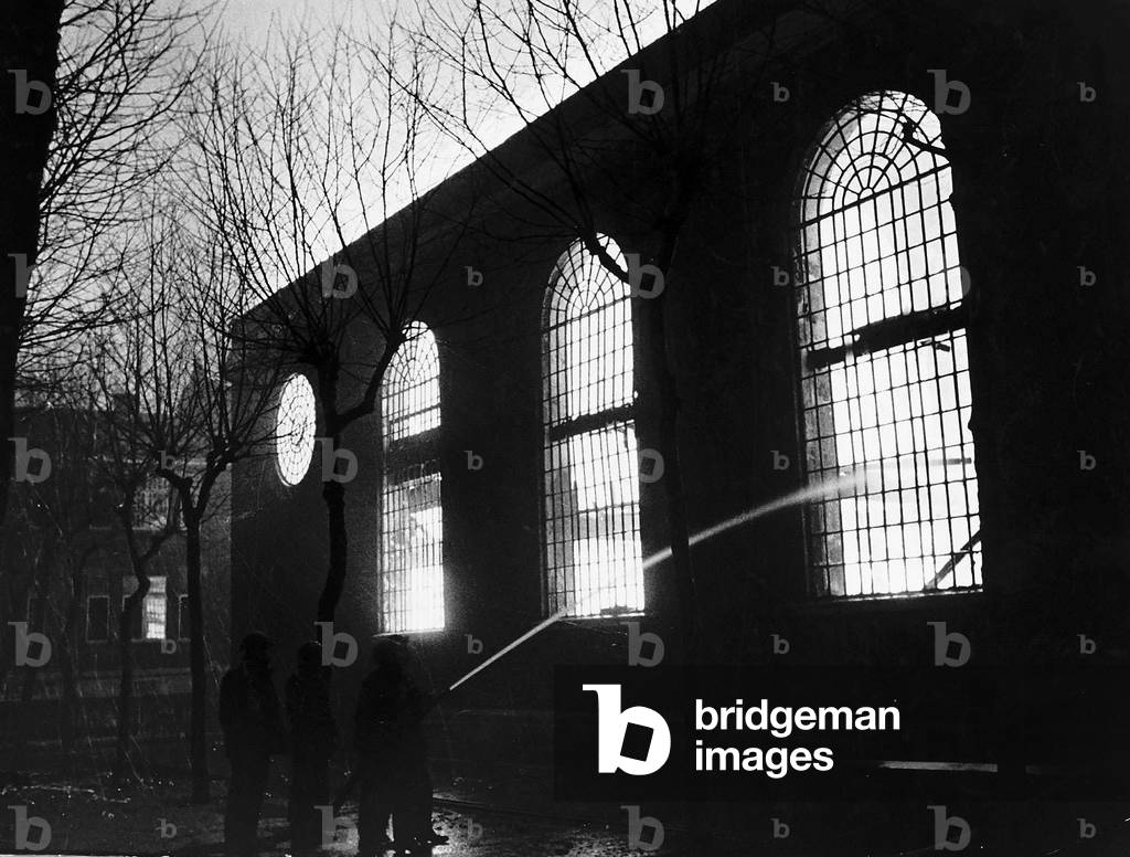 War-Air Raids on London call firefighters to St Brides Church Fleet Street London, 1940 (b/w photo)