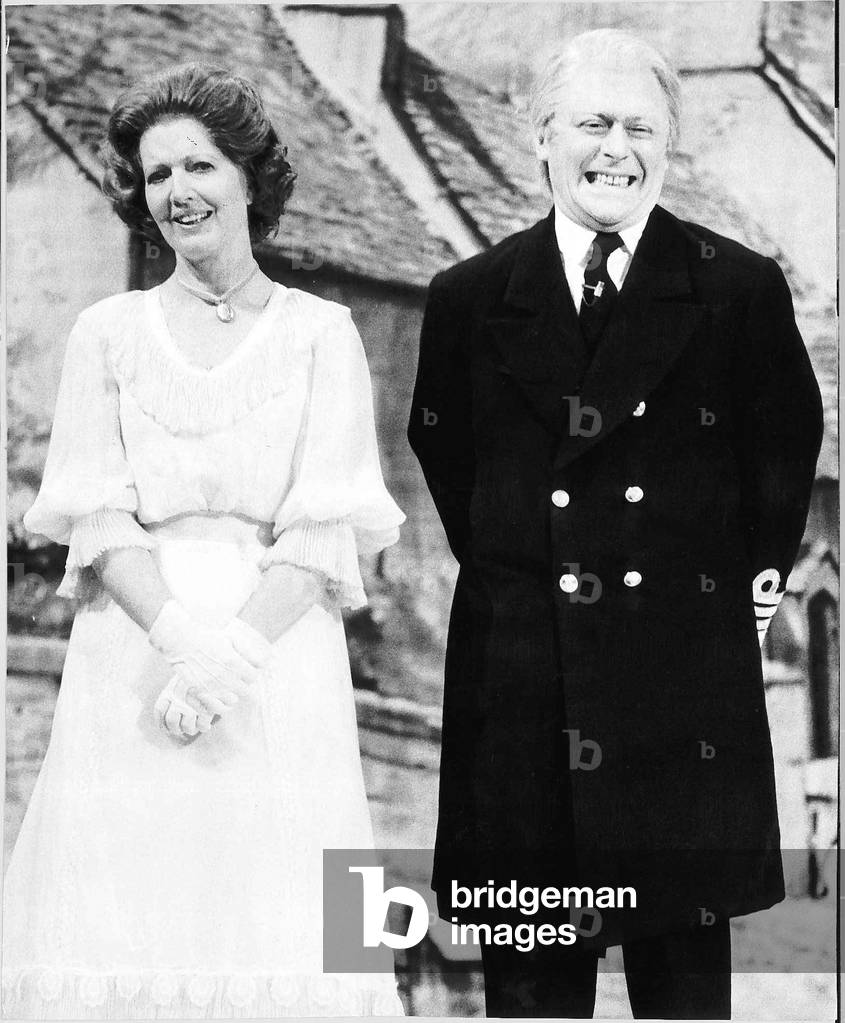 Janet Brown plays Margaret Thatcher with Mike Yarwood as Edward Heath 12th December 1979 (b/w photo)