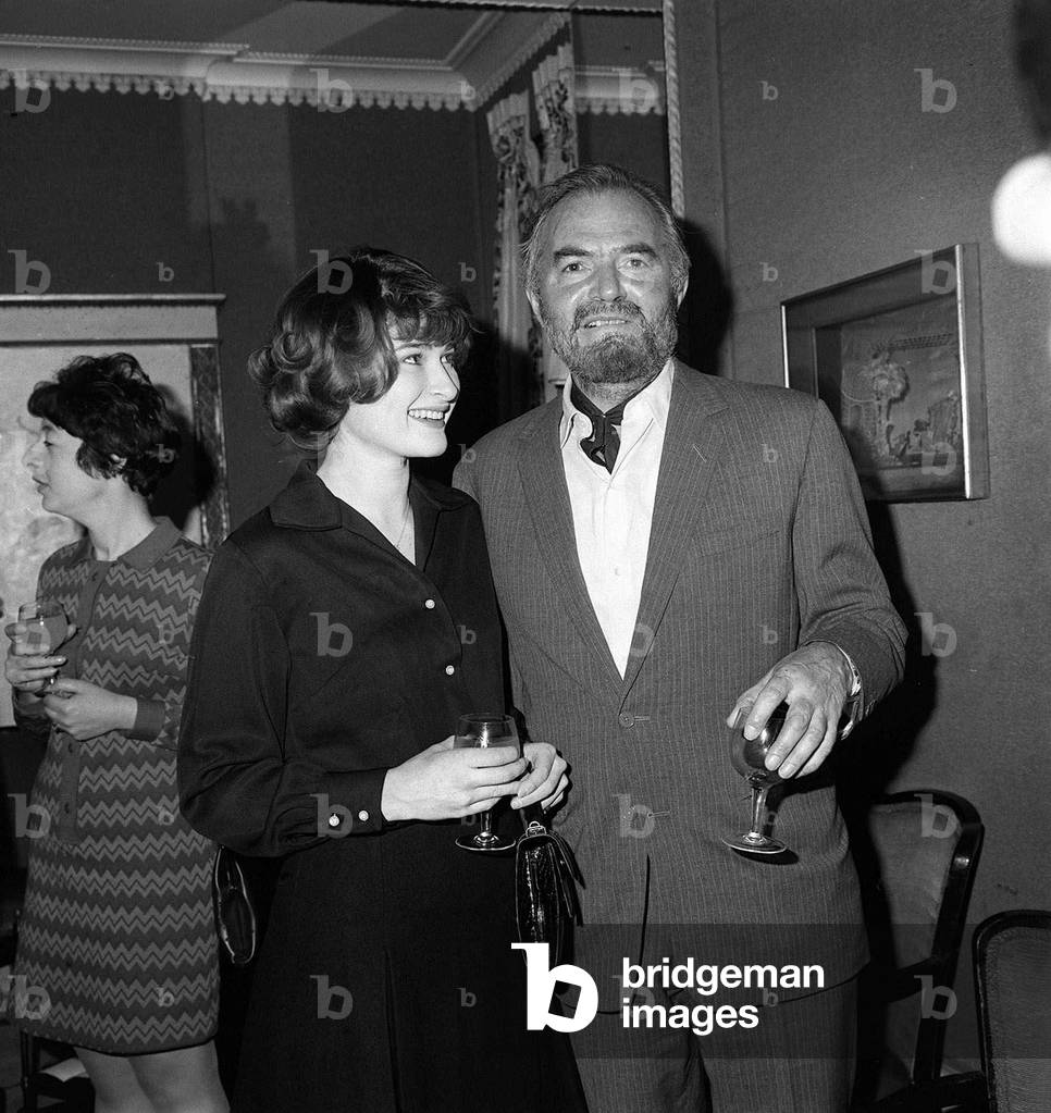 Actor James Mason (R) at the Dorchester Hotel with daughter Portland Mason, November 1969 (b/w photo)