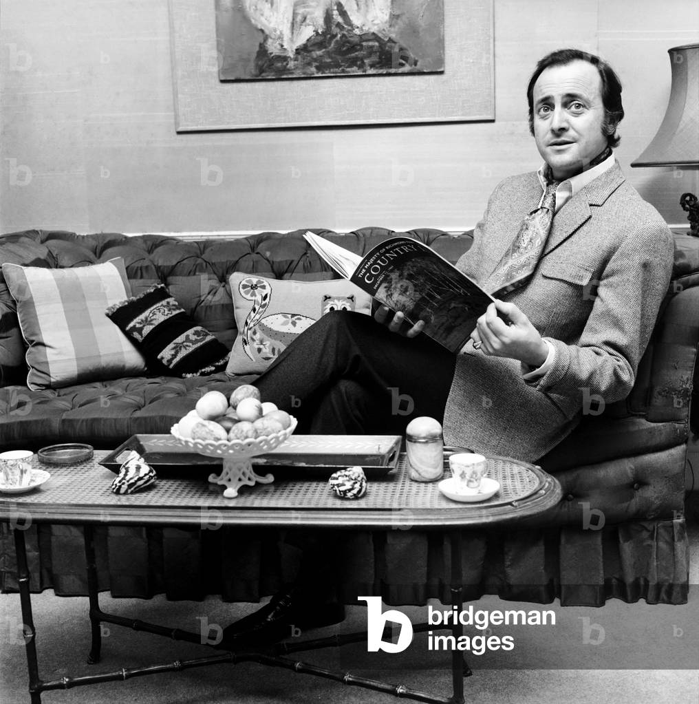 Radio and television presenter David Jacobs pictured at his home in Kensington this morning. 
December 1969