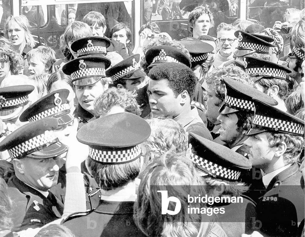 Muhammad Ali during his visit to Newcastle, July 1977 (b/w photo)