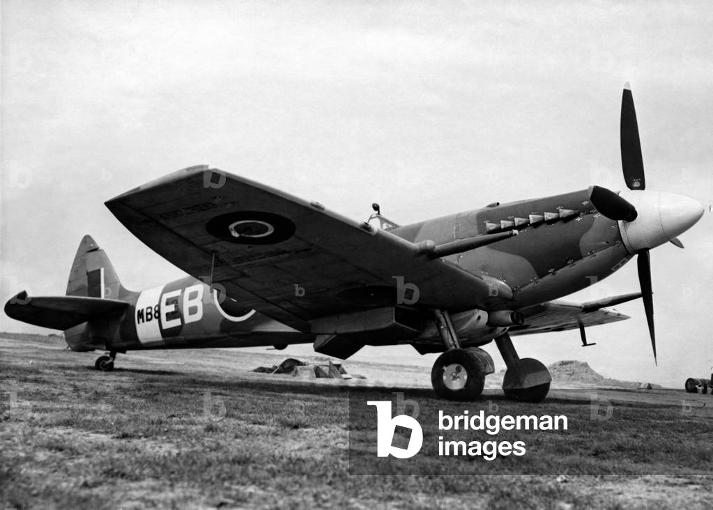 Spitfire F Mark XII of No. 41 Squadron RAF, which is fitted with a Rolls Royce Griffon engine, pictured on the ground at RAF Friston, Sussex. April 1944 (b/w photo)