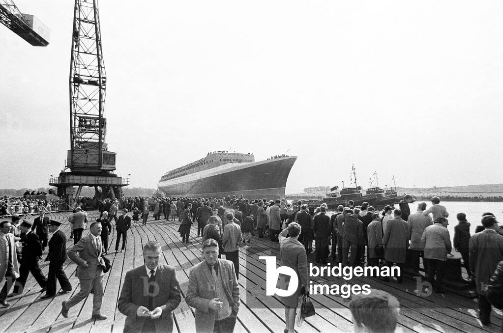 Queen Elizabeth II launching the Cunard Cruise Liner, The QE2 in the Clyde, 20th September 1967 (b/w photo)