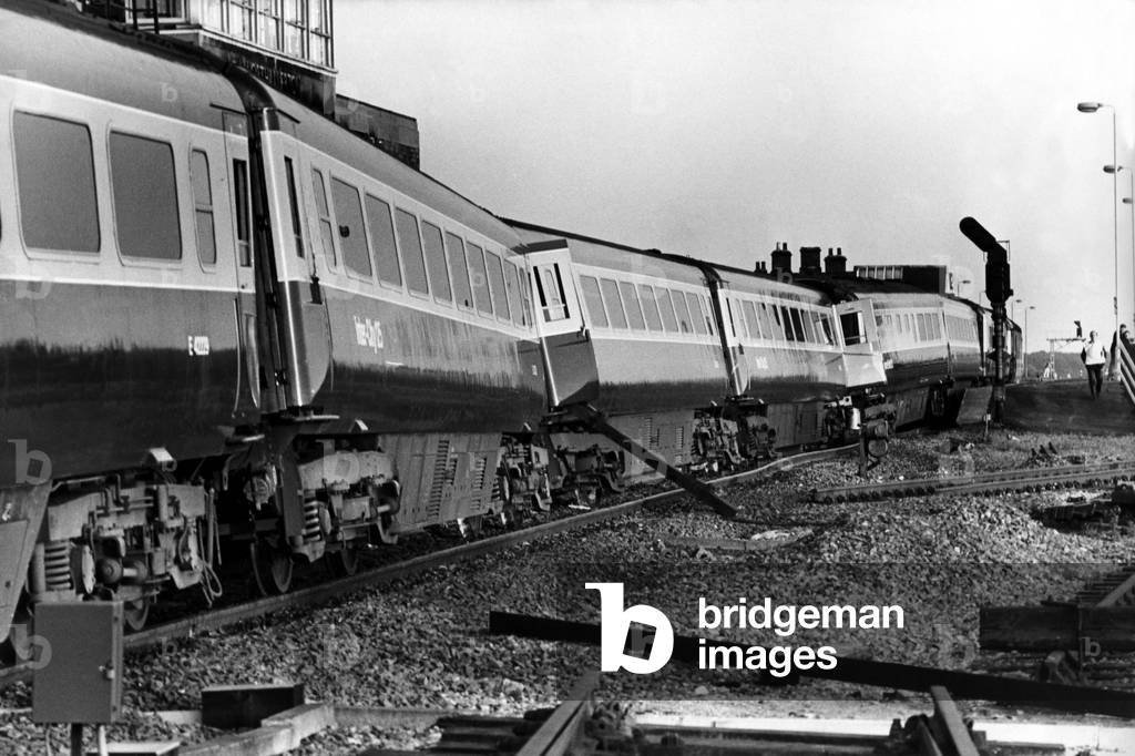Five hundred passengers had a lucky escape when eight of a 125 Inter-City high speed trains coaches were derailed at 80 mph near Northallerton Station, North Yorkshire on 28th August 1979 (b/w photo)