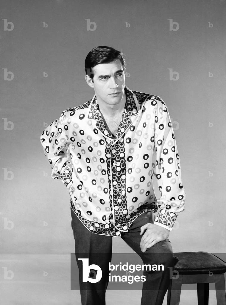 Male model Peter Christian wearing silk shirt, c. 1964 (b/w photo)