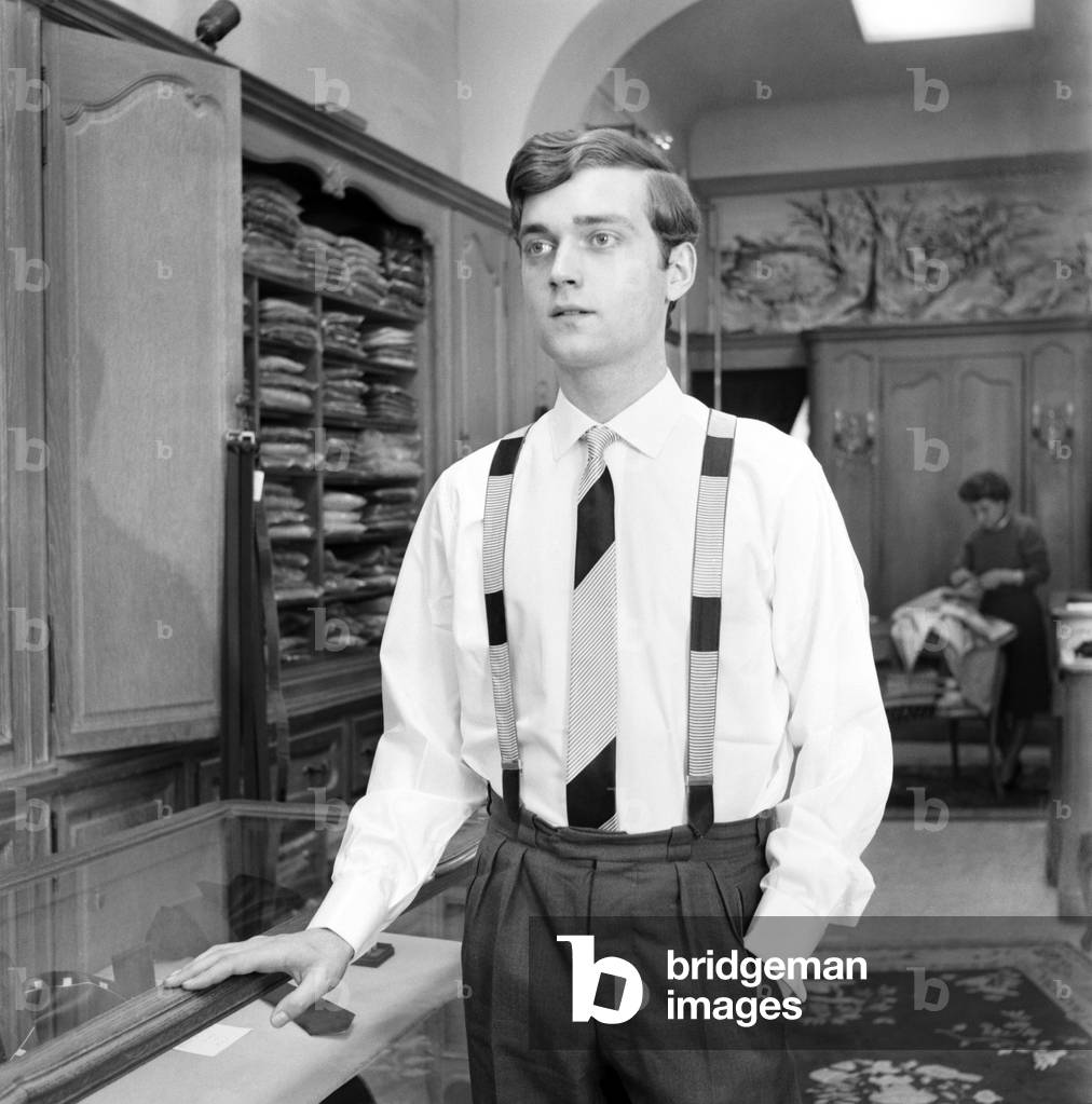 Men modelling the latest 1963 menswear design's in Paris boutique, April 1963 (b/w photo)