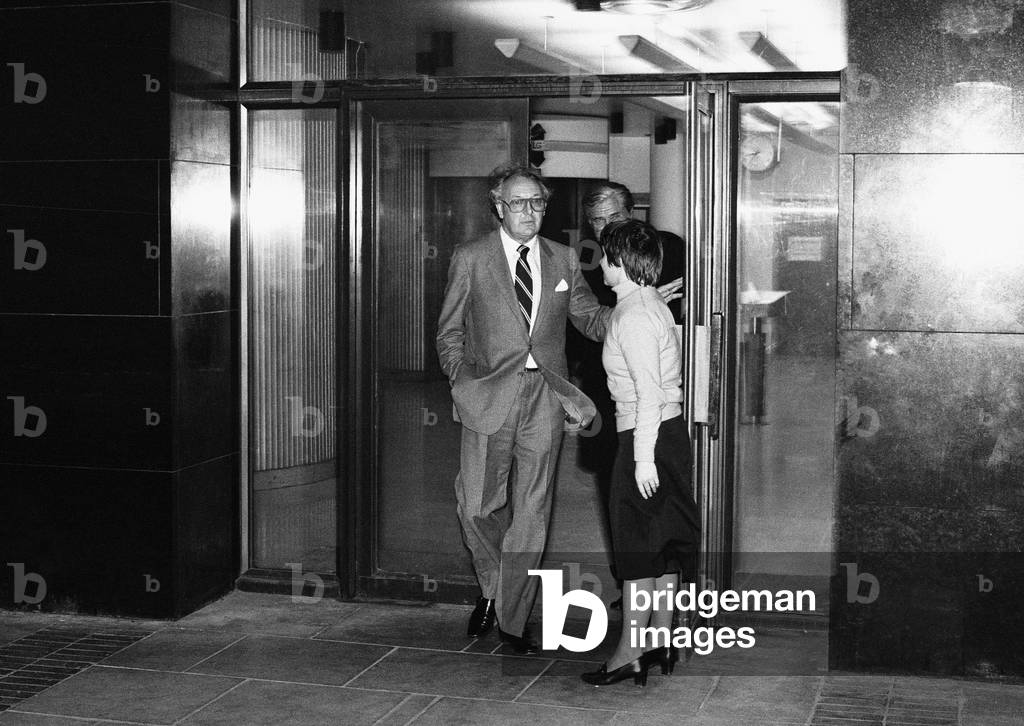 Sir Freddie Laker and Tiny Rowlands leave the Board of Trade building in Victoria, London where they had a secret meeting with Biffin, 10th February 1982 (b/w photo)