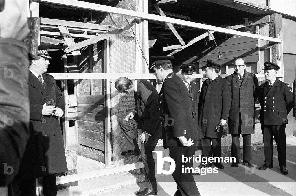 Prince Philip, Duke of Edinburgh visits the scene of the Birmingham Pub Bombings., 25th November 1974 (b/w photo)
