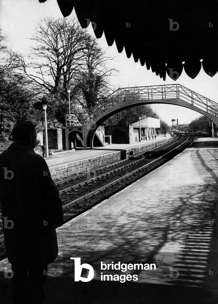 A general view along the platform at Stocksfield Railway Station in Northumberland on 19th March 1970 (b/w photo)