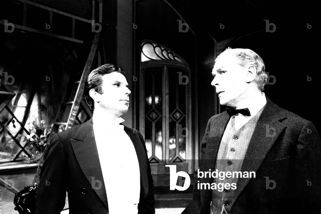 Edward Hardwicke and Paul Schofield at the Theatre Royal, Newcastle in the play The Rules Of The Game, June 1971 (b/w photo)