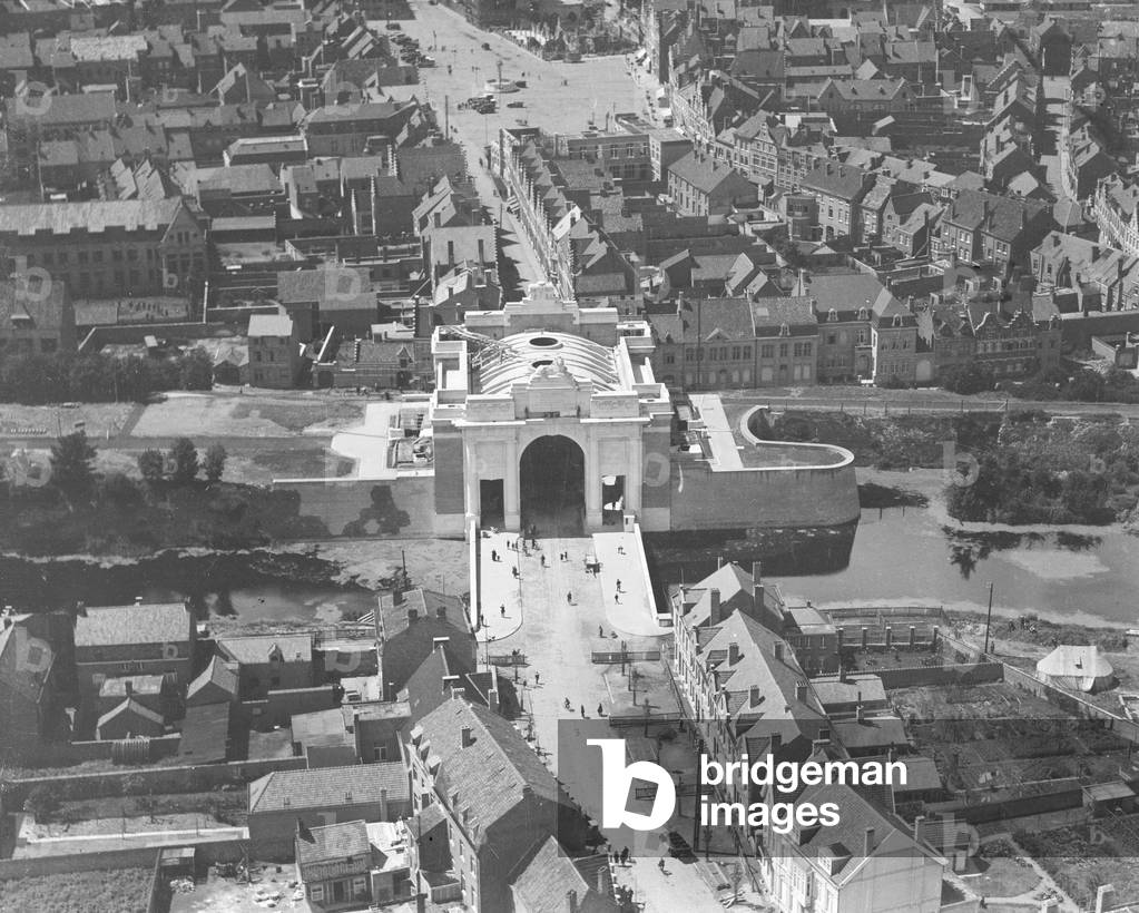 Aerial view of the Menin Gate Memorial, Ypres, Belgium, c. 1920s (b/w photo)