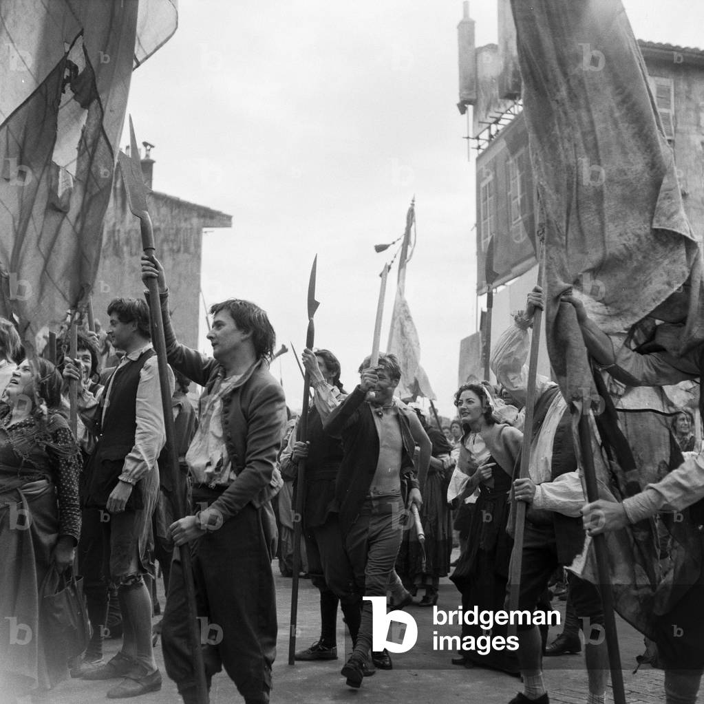 Filming of 1958 film 'A Tale of Two Cities' by Charles Dickens at Pinewood Studios on 1st September 1957 (b/w photo)