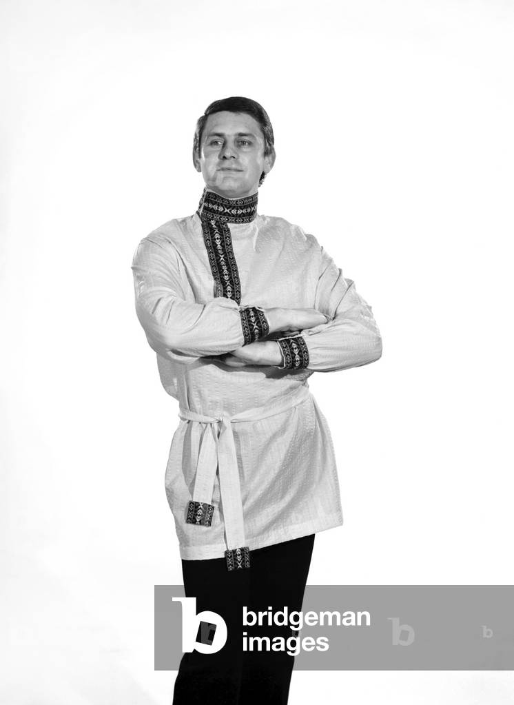 Male model David West wearing Cossack Shirt, c. 1966 (b/w photo)