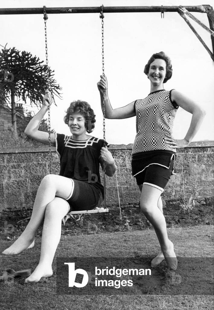 Two actresses wearing 1920s' swimming costumes, 1970 (b/w photo)