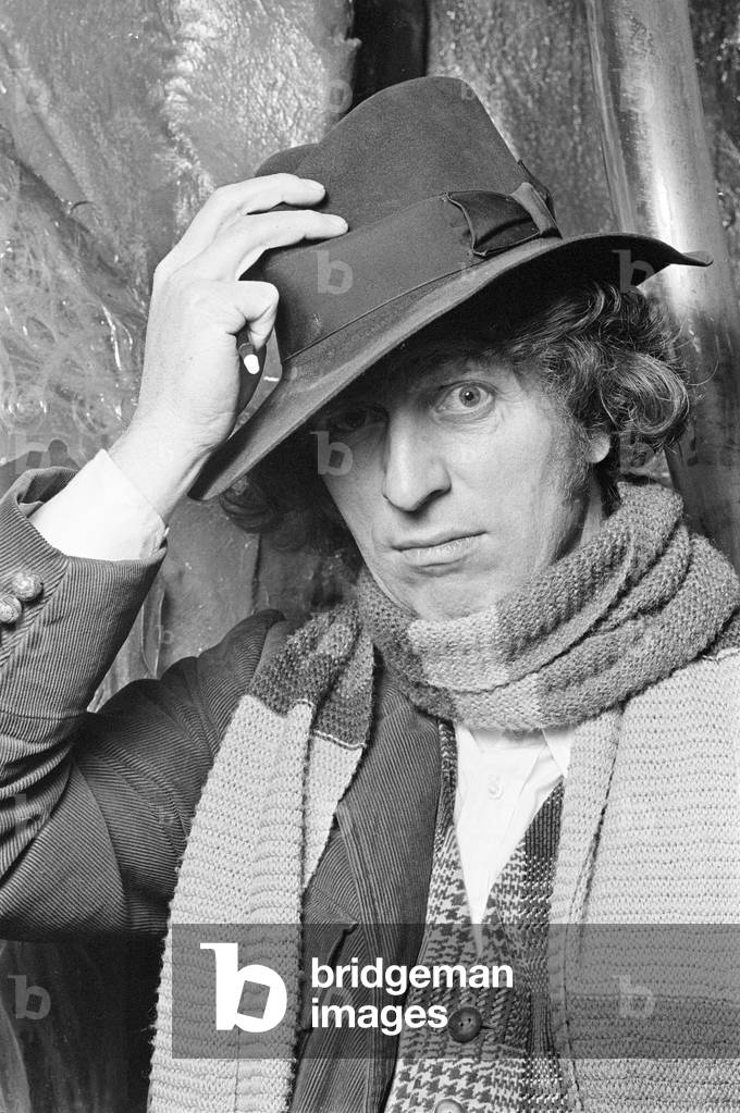 Tom Baker, actor who plays the fourth incarnation of The Doctor in BBC TV series Doctor Who, pictured in character, 9th July 1975 (b/w photo)