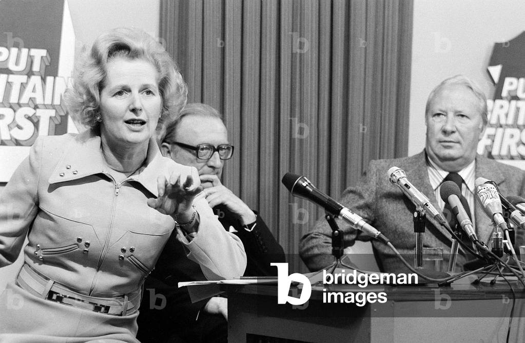 Margaret Thatcher conservative spokesman for Education seen here at a Election Press Conference with Edward Heath, October 1974 (b/w photo)