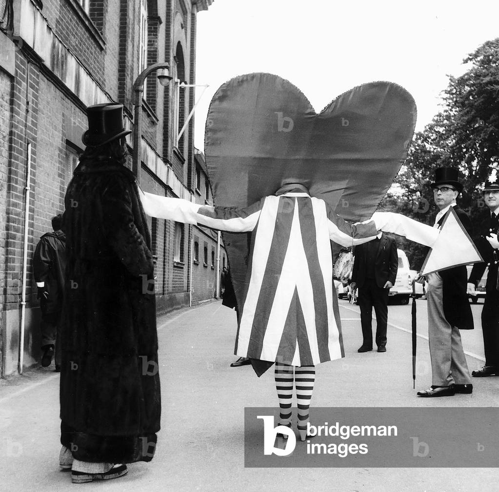 Gertrude Shilling in heart outfit at Royal Ascot, June 1972 (b/w photo)