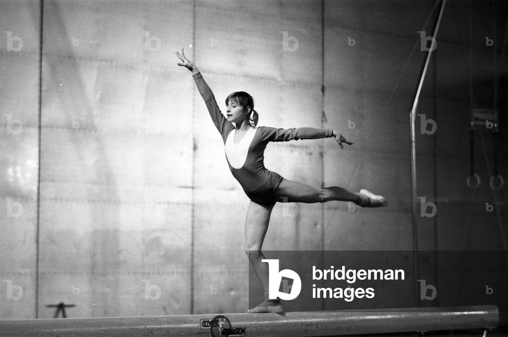 Olga Korbut, Olympic Gymnast, training with Soviet Union Gymnastics Team, at Earls Court, London, 5th May 1973 (b/w photo)