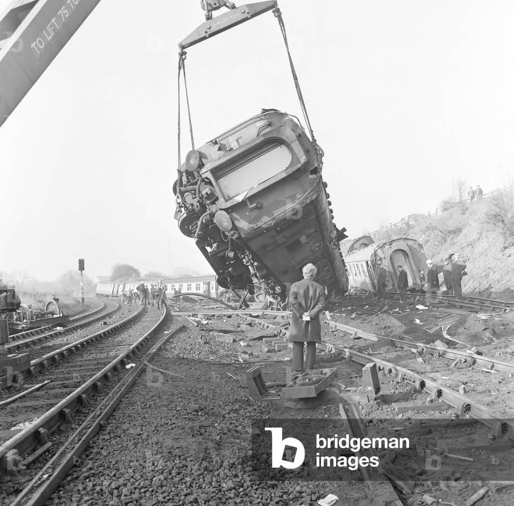 Morpeth Rail Crash On 7 May 1969 a northbound sleeper express train from London to Aberdeen derailed on the Morpeth curve. Six people were killed, 21 were injured and the roof of the station's northbound platform was damaged, 1969 (b/w photo)