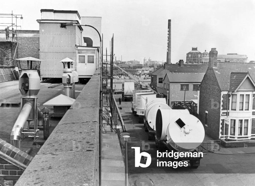 Blocking the road outside Avana Bakeries, are these giant silos, which arrived to be installed in the new extensions of the bakeries. 14th June 1968 (b/w photo)