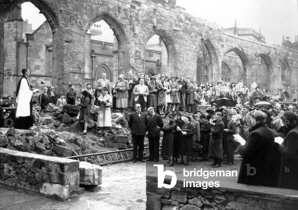 Coventry Cathedral was visited by thousands of people on VE Day, and services conducted did not end until after midnight, 8th May 1945 (b/w photo)