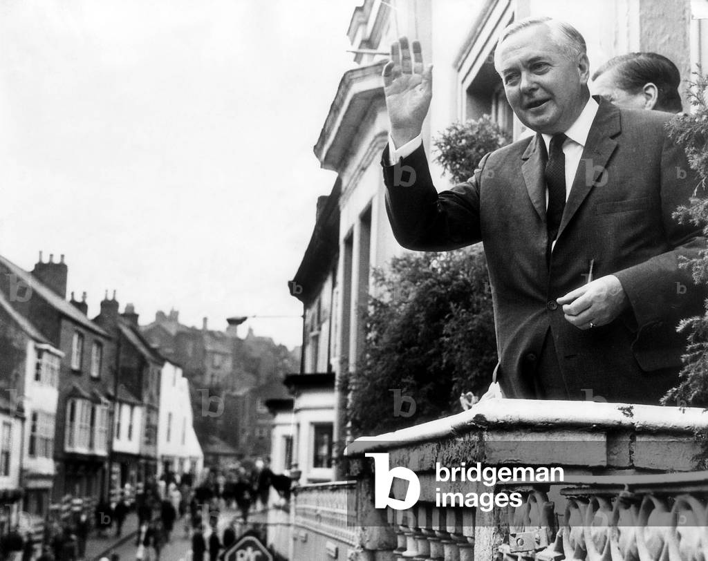 Harold Wilson British Prime Minister - Jul 1967
waves to crowds from the Hotel balcony at Durham. during the miners gala