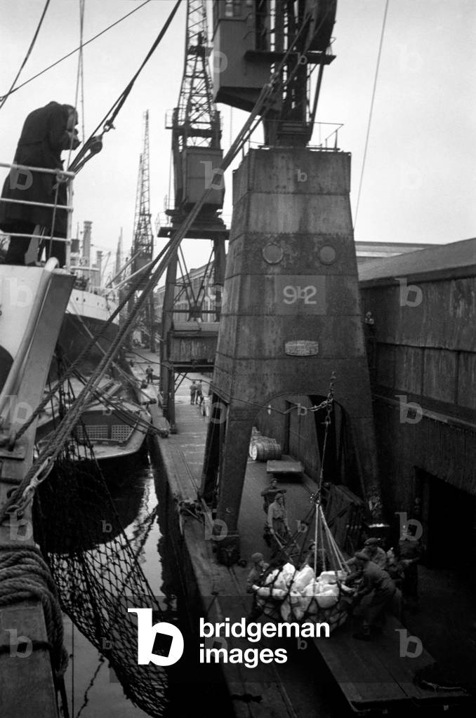 Dock Strike: Soldiers and sailors unload a cargo of meat at Royal Victoria Dock. July 1949 O19119-001