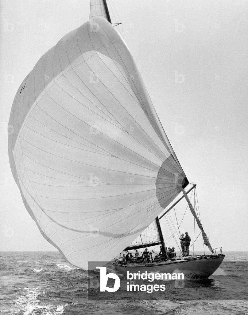 Flicka II Sailing boat in action during the 12metres class of the America's Cup yachting race. 15th June 1963 (b/w photo)