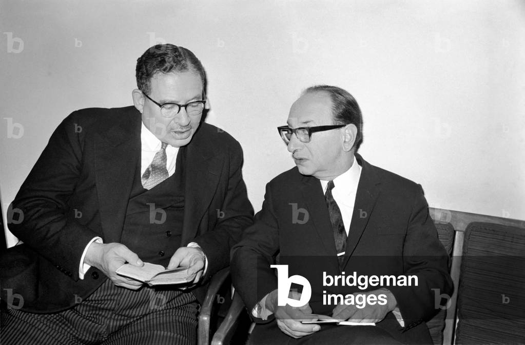 Sir Bernard Waley Cohen former Lord Mayor of London and a stag hunter for 45 years discussed stag hunting with anti blood sports critic, Mr. Arnold Shaw, MP for Ilford South, on To- Dat Programme at TV House Kingsway. After the talk Sir Bernard invited Mr. Shaw down to his farm to witness a hind hunt. Sir Bernard Waley Cohen (left) and Mr. Arnold Shaw compare dated in their diarys to fix the date. November 1969