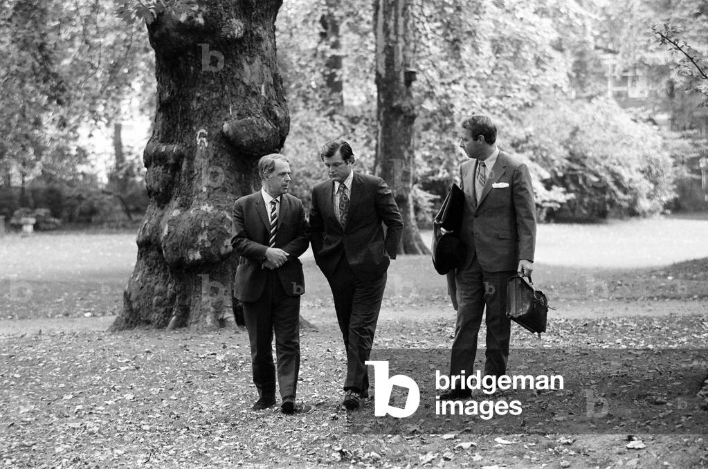 Senator Edward Kennedy who is on a 5 day visit to Britain as the head of a Senate Health sub-committee to study Britain's health service, NHS, September 1971 (b/w photo)