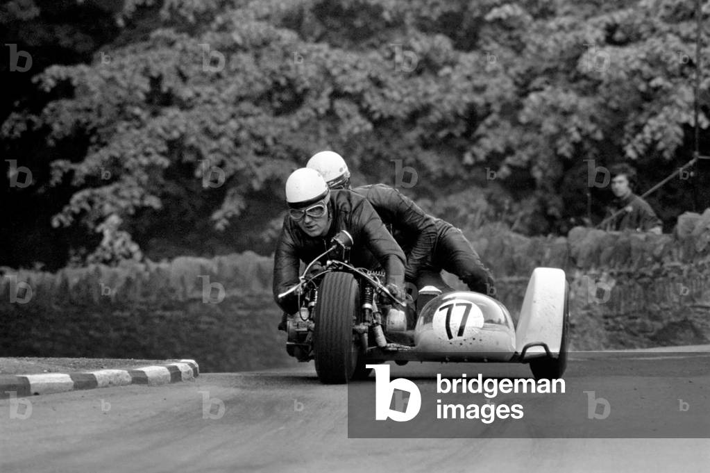 Sport Motorcycling: Isle of Man TT Racing 750 CC Sidecar Class. Action from the race, June 1969