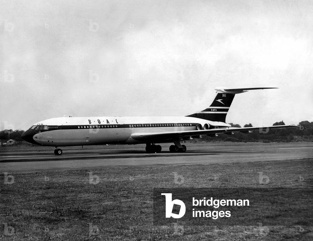 The Vickers VC10 making it's first taxi test on the runway at the Vickers Airfield on the old Brooklands racing track.