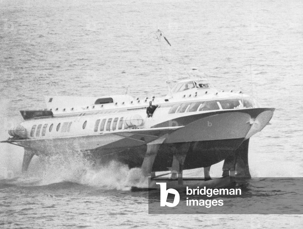 Russian Kometa Hydrofoil arriving at Dover, Kent, for a sales drive down the Thames before the Soviet Exhibition at Earl's Court. 5th August 1968 (b/w photo)