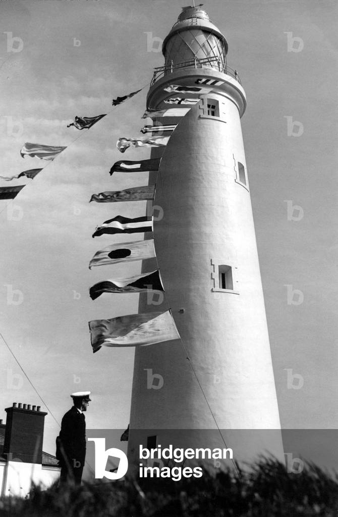 Queen Elizabeth II, Princess Elizabeth - Coronation - St Mary's Lighthouse at Whitley Bay, 1950 (b/w photo)