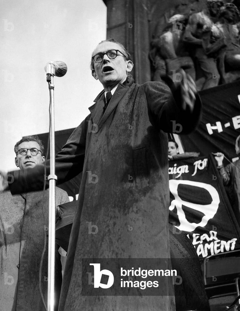 Michael Foot speaking at the Anti H Bomb meeting in Trafalgar Square after the Campaign for Nuclear Disarmament had marched on 22nd June 1958 (b/w photo)
