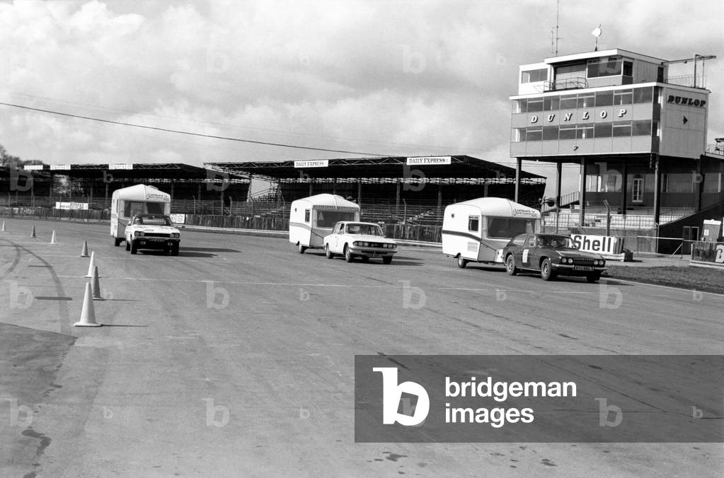 Practice Day at Silverstone Circuit for some of the Caravans taking part in this year's International Rally, March 1975 (b/w photo)