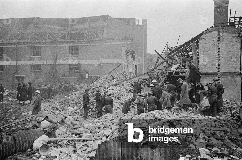V2 Rocket incident at a N.F.S workshop, Ilford. 8th February 1945 (b/w photo)