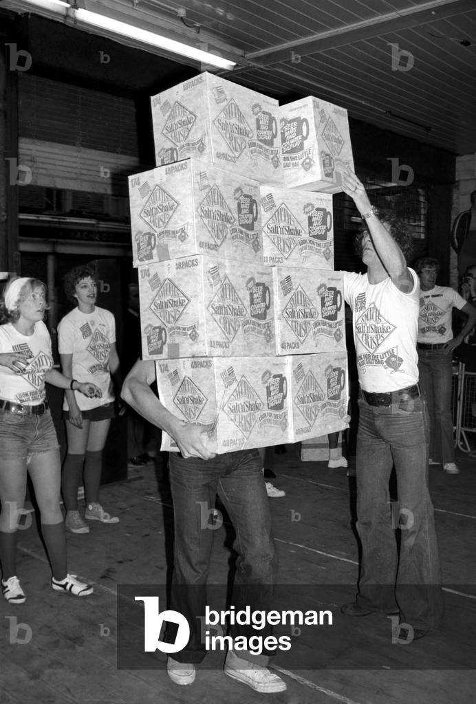 Games were played to introduce The New Blue Bag of Salt in the Smith Crisps in Covent Garden yesterday, 12th January 1975 (b/w photo)