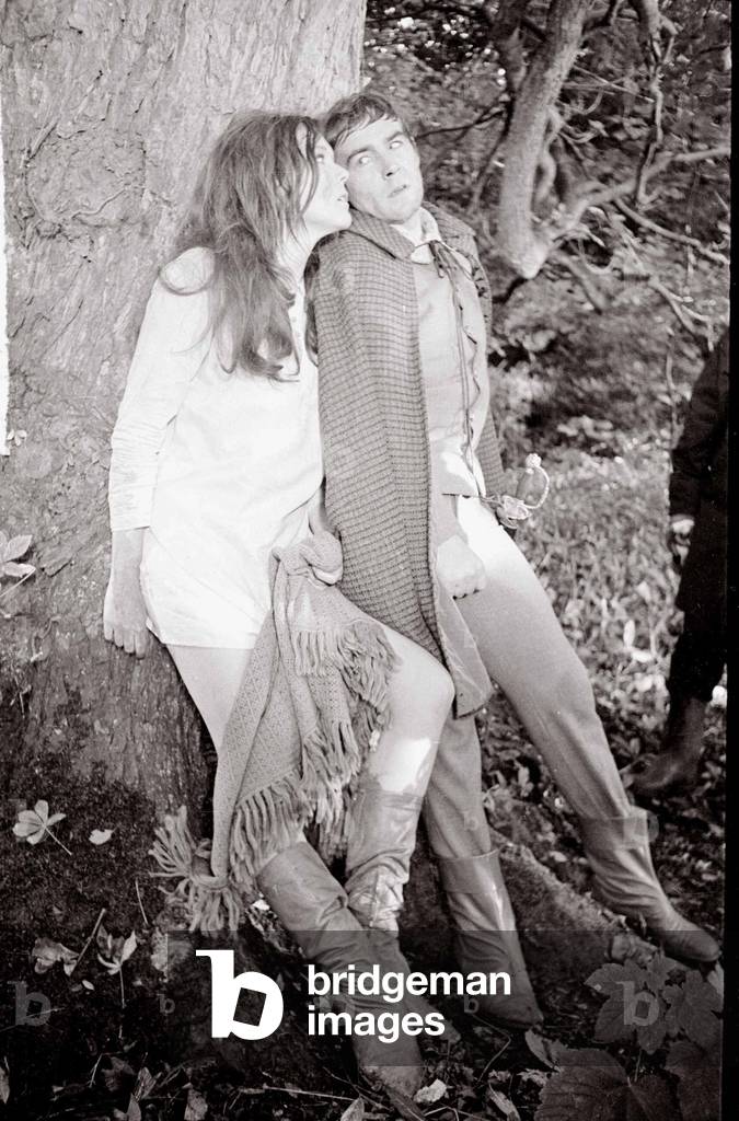 Diana Rigg during the filming of A Midsummer Nights Dream William Shakespeare in the woods October 1967 (b/w photo)
