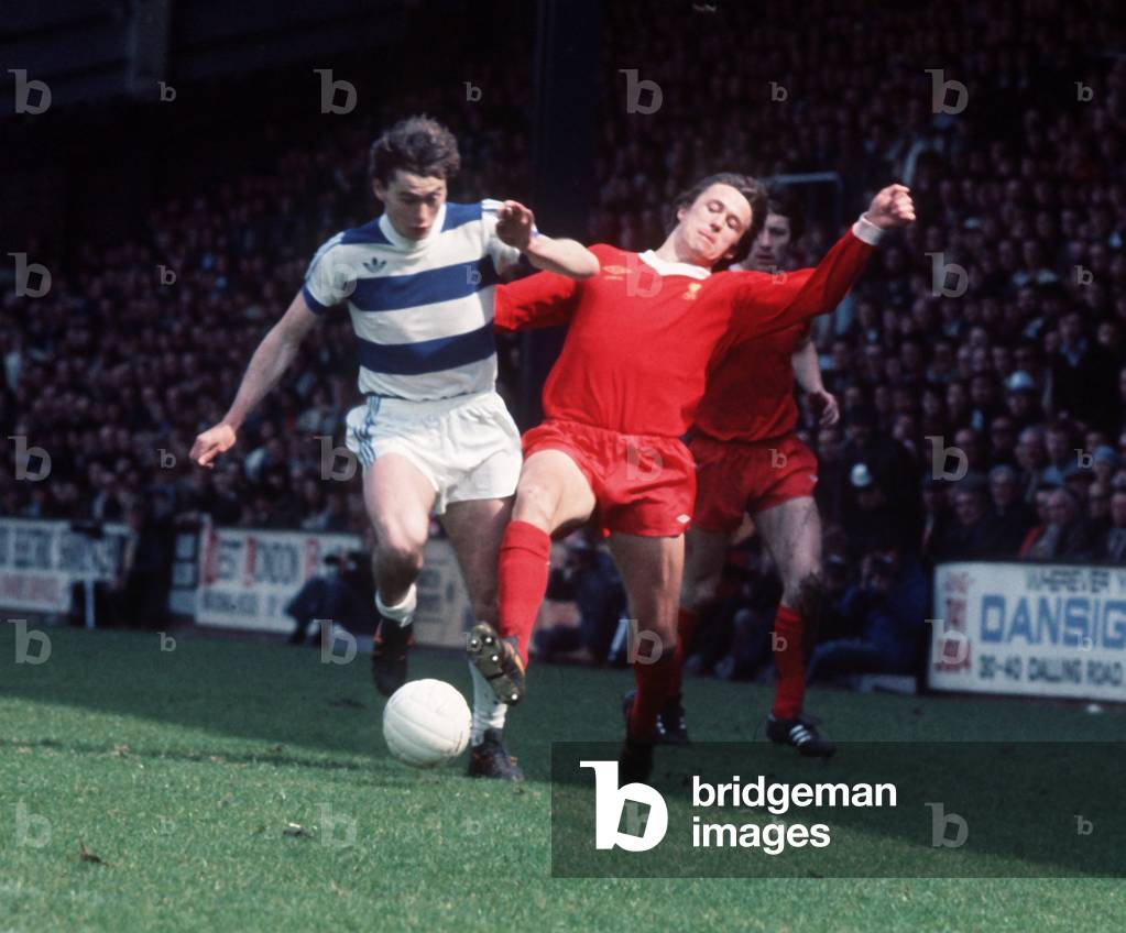 Queens Park Rangers v Liverpool league match at Loftus Road May 1977QPR's Dave Thomas (l) & Phil Neal of Liverpool contest for the ballFinal score:Queens Park Rangers 1-1 Liverpool (photo)