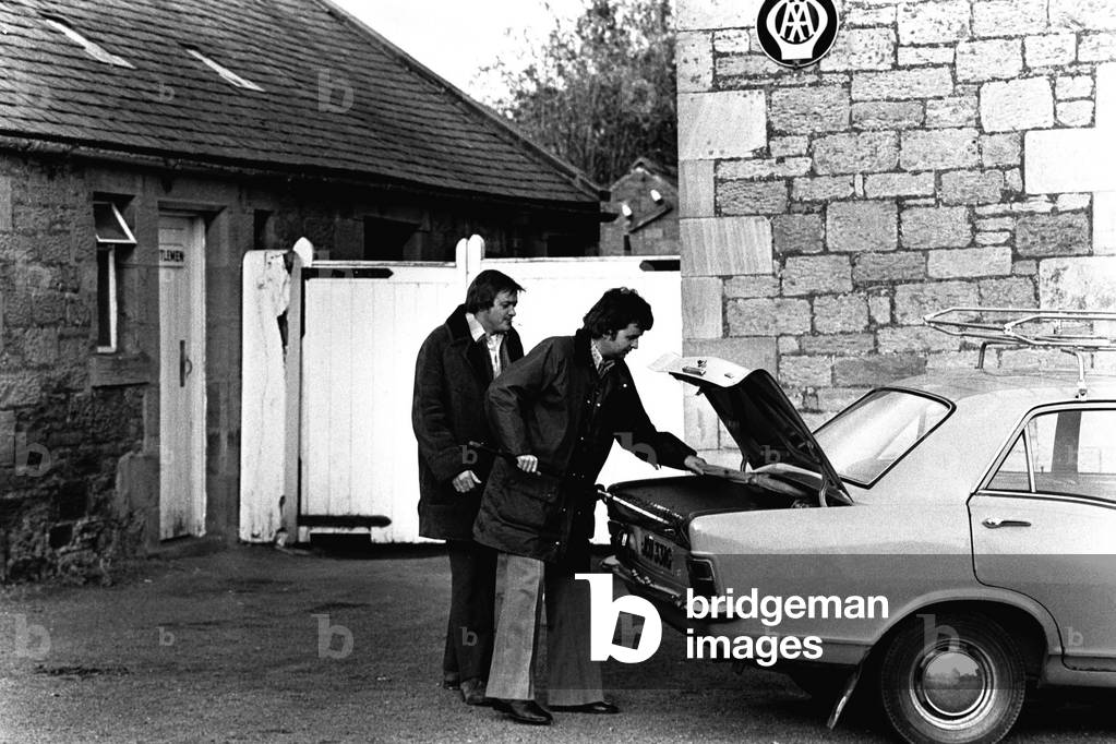 Filming of an episode of 'Whatever Happened To The Likely Lads' fishing in the North Tyne near Haughton Castle situated to the north of the village of Humshaugh, Northumberland.
 
 Pictured are actors Rodney Bewes and James Bolam.
 
 23rd October, 1973.