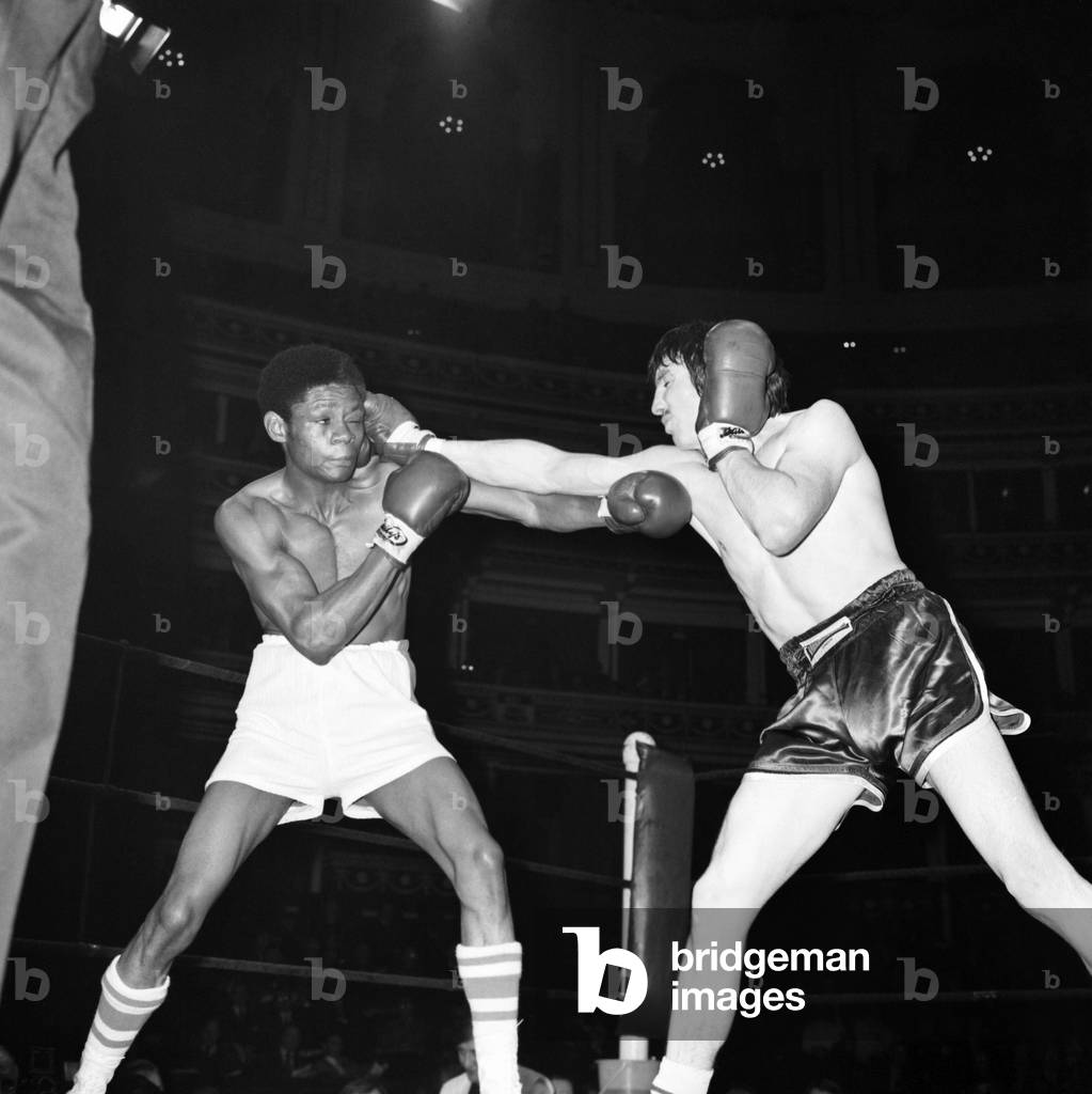 Boxing at Albert Hall. David Needham vs. Earl Large USA and Freddy Bright vs. Billy Knight, February 1975 (b/w photo)